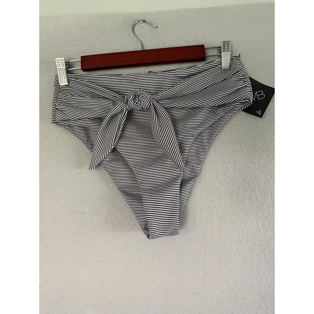 VYB Bikini Bottom Womens M Blue White Stripe High Waist Bow Lined Swim Stretch